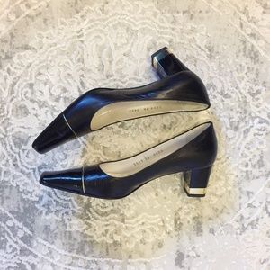 St. John Black Patent Cap Toe Pumps W/ Gold Accent